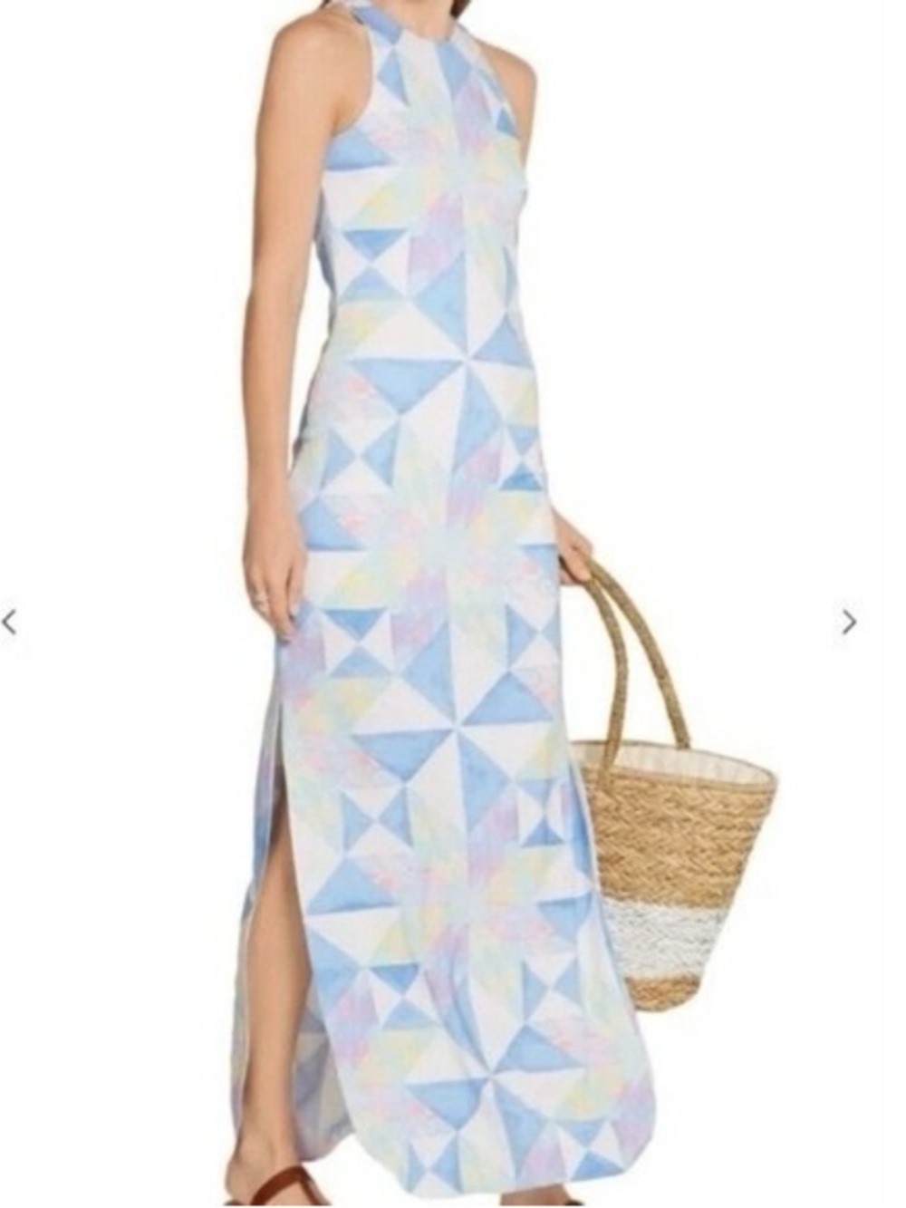Sleeveless Geometric Print Maxi Dress in Pastel Blue and White